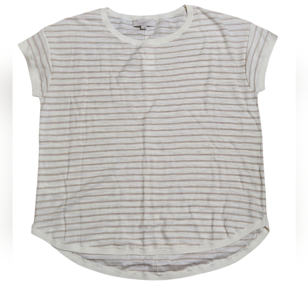 NWT Ann Taylor Loft Cream Short Sleeve Boxy Striped T-Shirt Crew Neck XL - Picture 2 of 7
